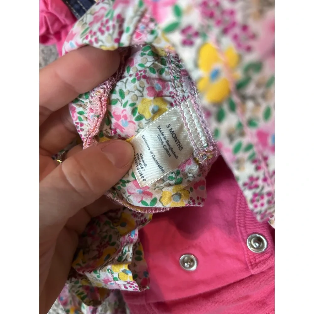 OshKosh Bgosh Baby Girls 3M Pink Polo Bodysuit Denim Floral Overall Dress Set